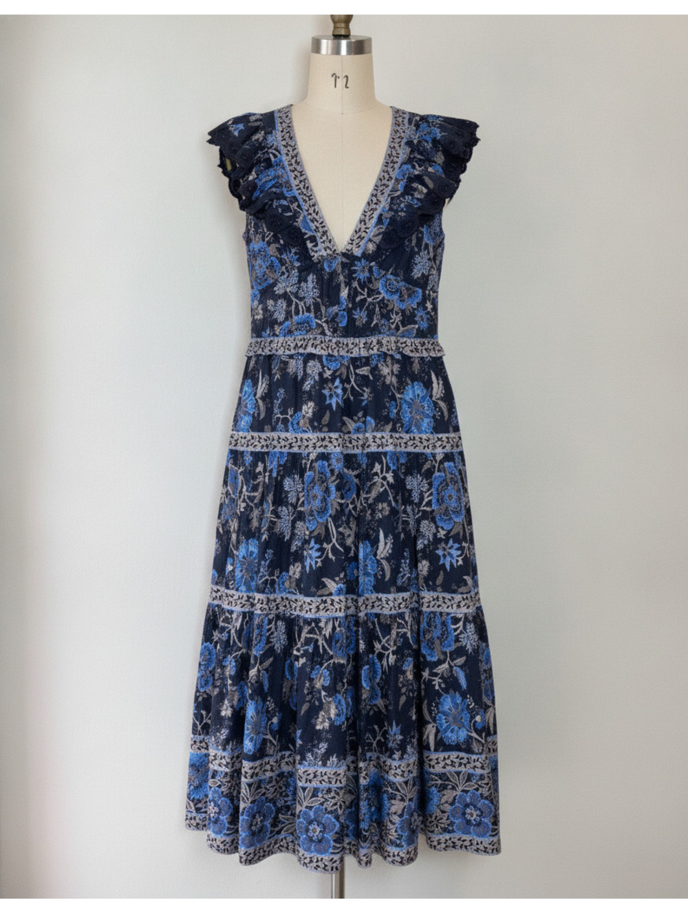 Sea New York Tess Navy and Blue Floral Ruffled V-Neck cotton Maxi Dress SZ 8